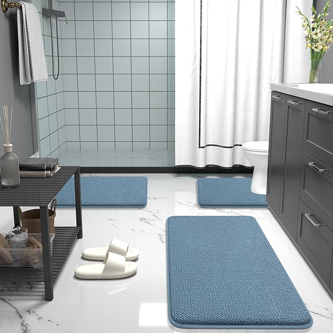 OLANLY Thick Memory Foam Bath Mat Rug 30x18, Extra Soft Absorbent Bathroom Rug, Quick Dry Bath Mats, Non-Slip, Machine Washable Carpet for Bathroom, Tub and Shower, Home Decor Accessories, Airy Blue