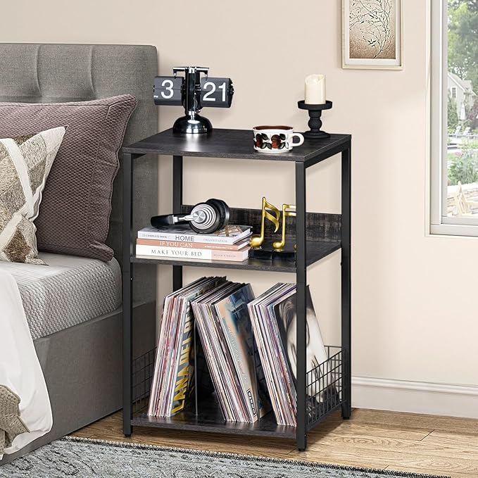LELELINKY 3 Tier Farmhouse Drak Gray End Table, Large 18" Wide Record Player Tables with Vinyl Storage Shelf, Industrial Turntable Printer Stands, Modern Side Tables for Living Room, Bedroom, Office