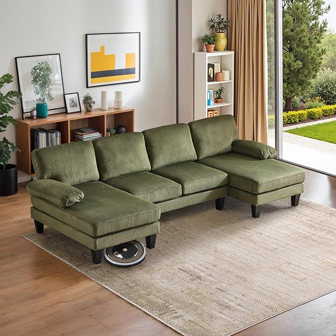 VINGLI 110" Sectional Couches for Living Room,U Shaped Couch with Double Chaise, 4-Seat Sofa Set with Corduroy Fabric for Home Furniture,Green