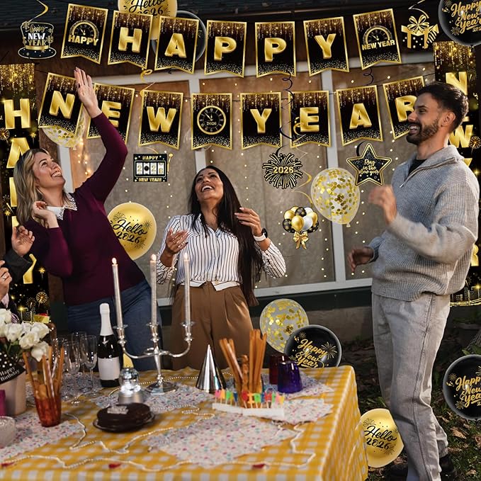 New Years Decorations 2026 - Happy New Years Eve Party Supplies Include Banner, Backdrop, Door Banner, Foil 2026 Balloons, Latex Balloons, Swirls for NYE Party Decorations