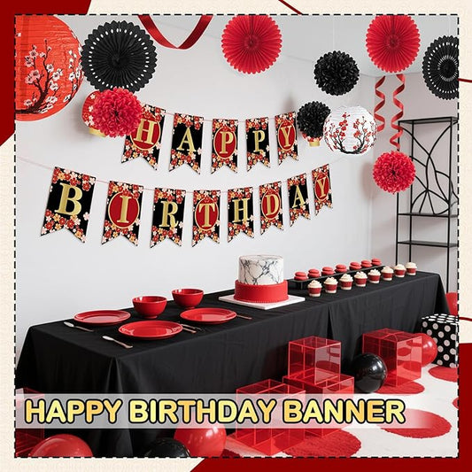 14Pcs Hibachi Party Decorations, Japanese Lanterns with Cherry Blossom Patterns Tissue Paper Pom Poms Round Paper Fans Happy Birthday Banner Set for Hibachi Japanese Party Decorations