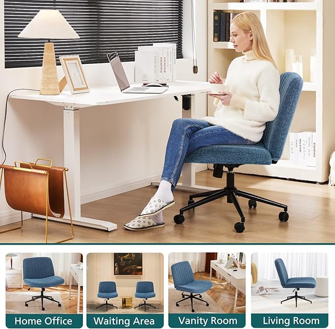 OLIXIS Criss Cross Chair with Wheels Wide Cross Legged Office Desk Vanity Chair Comfy Fabric Armless Adjustable Swivel for Home Computer Task Blue