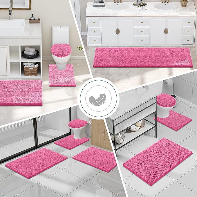Smiry Luxury Chenille Bathroom Rugs 44x24, Extra Soft and Absorbent Shaggy Bath Mat, Machine Washable, Non-Slip Plush Carpet Runner for Tub, Shower, and Floor, Home Decor Accessories, Hot Pink