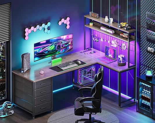 AODK L Shaped Desk Gaming Desk with LED Light & Power Outlet, 59 Inch Reversible L Shaped Computer Table with 4 Drawers for Home Office, Grey