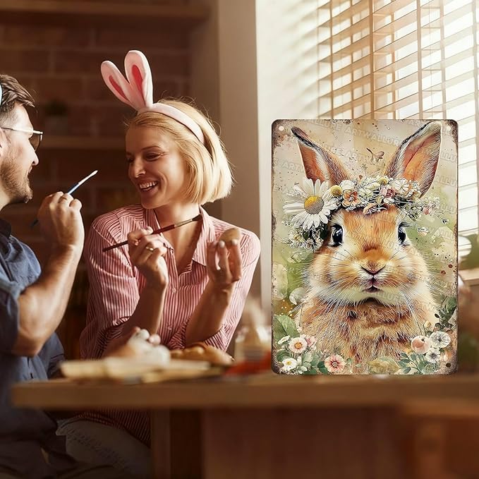 Easter Bunny Rabbit Tin Sign Vintage Metal Decor for Bedroom garen Living Room Kitchen Wall Decor Rabbit Art Gift 12x16Inch