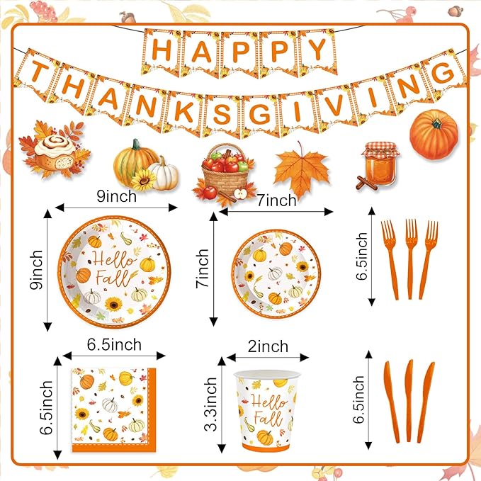 123PCS Autumn Party Supplies for Thanksgiving Themed Fall Pumpkin Decoration Tableware Set with Tablecloth and Banner Leaves Harvest Dessert Plates Napkins Cups Hanging Swirl Set for 20 Guests