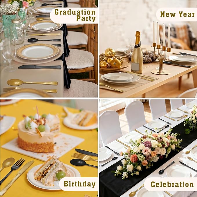 150 Pieces Black and Gold Plastic Silverware Heavy Duty 75 Black Plastic Utensils and 75 Gold Cutlery Tableware Sets Includes Spoons Forks Knives for Birthday Party, 2026 New Year