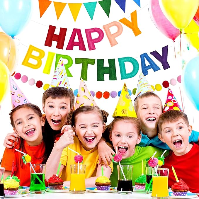 CANREVEL Pre-Strung 3D Happy Birthday Banner, 3 PCS Rainbow Happy Felt Garland, Pom Pom Garland, Triangle Fabric Bunting, Reusable Rainbow Birthday Decorations for Girls Boys Women Men
