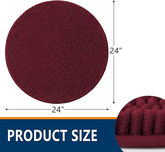Smiry Luxury Chenille Round 24x24, Extra Soft and Absorbent Shaggy Bathroom Mat Rugs, Machine Washable, Non-Slip Plush Carpet for Tub, Shower, and Bath Room, Burgundy