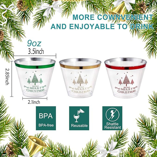 I00000 60PCS Merry Christmas Party Cups - Christmas Disposable Cups 9 Oz Clear Party Cups Wine Glasses Disposable Clear Plastic Cocktail Cups Tumblers Drinking Cups for Xmas Parties