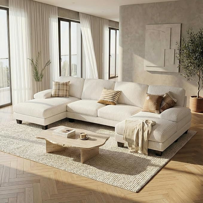Homall Modular Sectional U Shaped Sofa Couches for Living Room, Comfy Chenille 4 Seat Sofa Set with Removable Pillows, Lounge Chaise Upholstered Couch for Apartment (Corduroy, Beige)