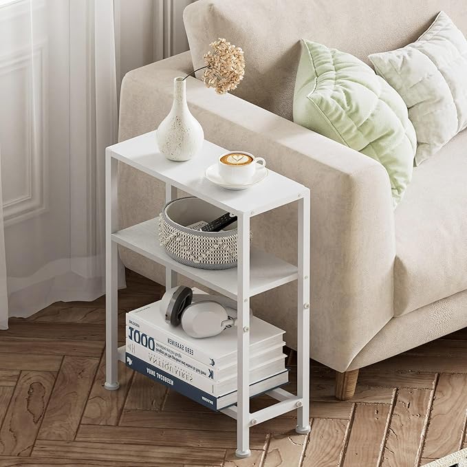 Narrow Side Table Set of 2 for Small Space, 2-Tier Small End Table with Shelf Holder, Slim Nightstand, Skinny Snack Couch Table in Living Room, Bedroom, Study, Kitchen and Balcony (White)