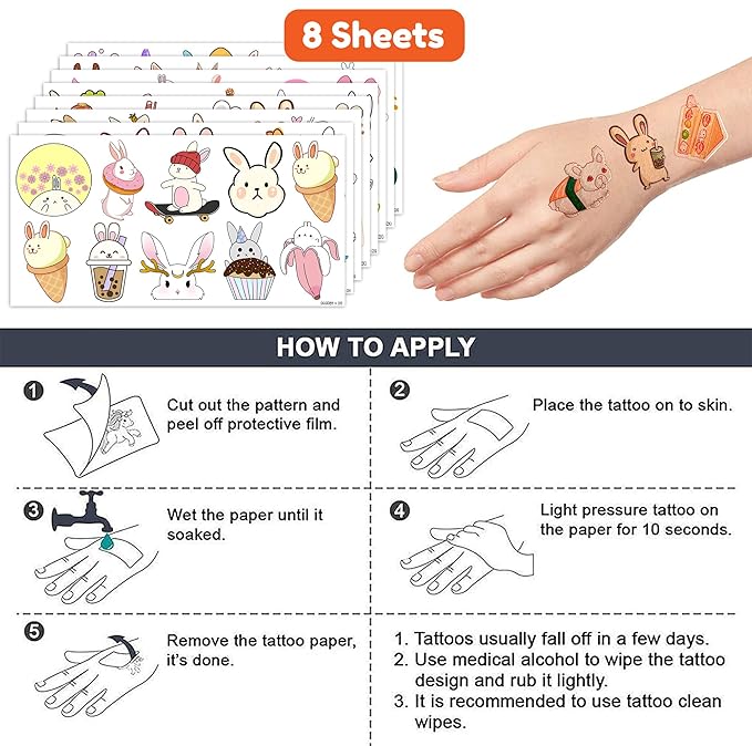 Bunny Temporary Tattoos 8 Sheets 85PCS Rabbit Bunny Party Decorations Favors Supplies Easter Bunny Theme Birthday Cute Tattoo Stickers Christmas Gifts for Boys Girls Kids Class School Prizes Carnival