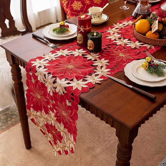 Joyfol Day Christmas Embroidered Table Runner 14 x 69 Inch, Cutwork Red Gold Poinsettia Table Runners, Winter Holiday Flowers Table Linens for Xmas Party Decorations