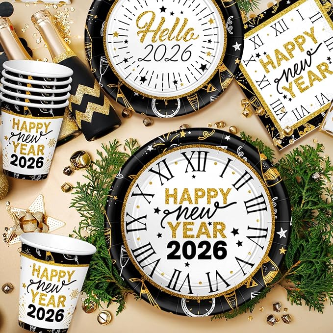 New Years Eve Party Supplies 2026-96 PCS Happy New Years Plates and Napkins Set-Nye Party Supplies Includes Happy New Year Plates Napkins Cups Nye Table Decorations 2026