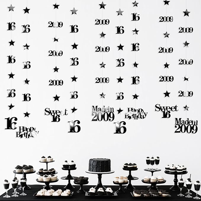12PCS Black 16th Birthday Decorations Number 16 and 2009 Star Garland Hanging Streamer Banner Backdrop for Girls Boys Cheers to 16 Years Old Birthday Made in 2009 Sweet Sixteen Party Decor Supplies