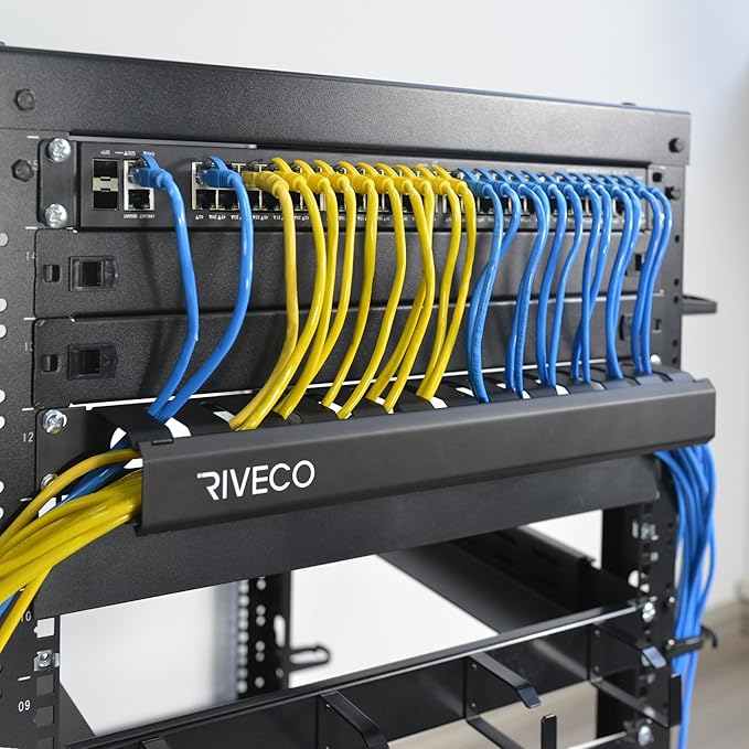 RIVECO 1U 12 Slot Rack Manager, Server Rack Cable Management, Cord Wire Organizer with Cover for Network Rack Cabinet Horizontal Mount, 19-inches Cable Raceway