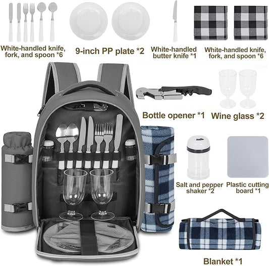 Picnic Backpack for 2 Persons with Insulated Leakproof Cooler Compartment, Cutlery Sets, Wine Holder, Fleece Blanket, Wedding Gifts for Couples, Perfect for Beach, Camping, Hiking, Grey