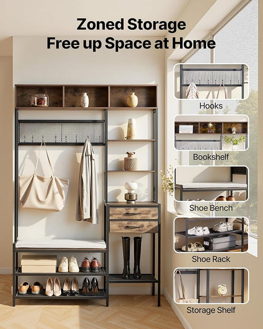 VEVOR Hall Tree with Bench and Shoe Storage, Entryway Bench with Coat Rack, 2 Drawers, 3 Storage Cubbies, 3 Open Shelves, Coat Hooks with Soft Cushion for Entryway, Hallway