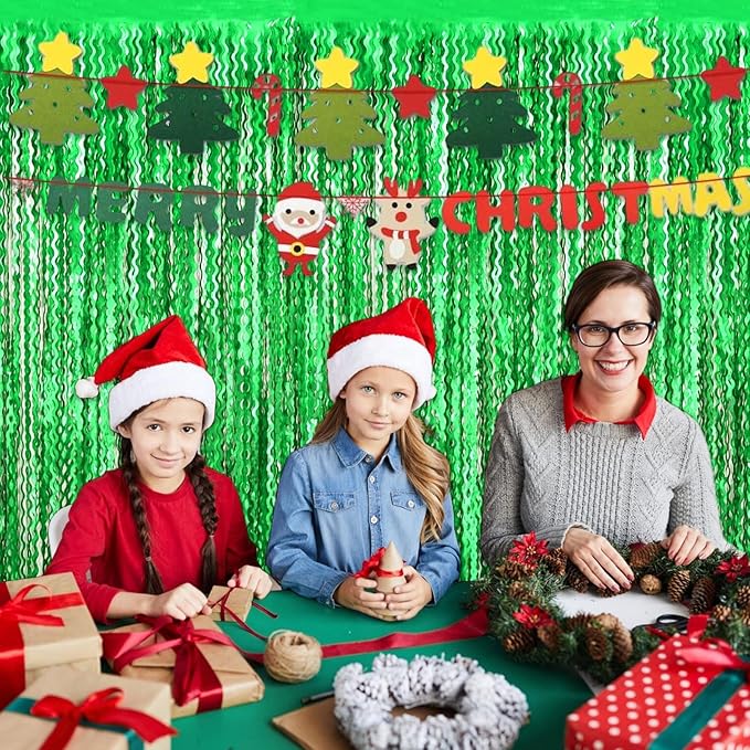 4 Pack Green Fringe Curtain Backdrop 3.2Ft x 8.2Ft Metallic Tinsel Foil Fringe Streamers Background for Photo Booth Mother's Day, Easter, Carnival, Birthday, Wedding Party Decoration