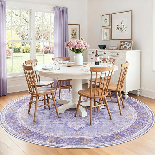 Area Rugs 6ft Washable Non-Slip, Floral Vintage Distress Print Pattern Medallion Carpet for Living Room Bedroom Dining Room, Light Purple Brown