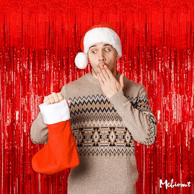 4 Pack 3.2Ft x 8.2Ft Red Fringe Curtain Backdrop, Sparkle Metallic Tinsel Foil Fringe Streamers Background for Photo Booth Birthday Wedding Baby Shower Halloween Christmas Party Decorations