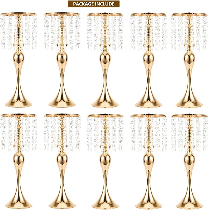 LANLONG 10pcs Crystal Centerpieces for Tables Gold Flower Stand Tall Floral Centerpiece Riser for Wedding Reception Tables Decorations