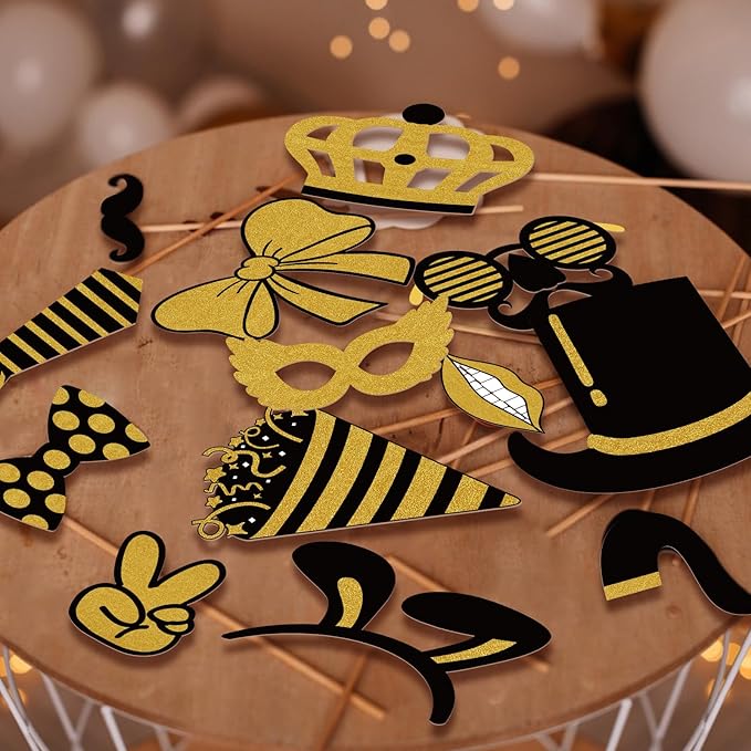 Photo Booth Props, Kaluofan 25PCS Black and Gold Party Decorations, Funny Photo Party Props Accessories for Adults and Kids, Photo Booth Props for Wedding Birthday Christmas New Year‘s Eve
