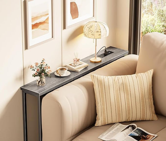 SUPERJARE 5.7 Inch Console Table with Outlet, Sofa Table, Behind Couch Table, 5.7 x 39.4 x 29.7 Inches, Metal Frame, Charging Station, Charcoal Gray
