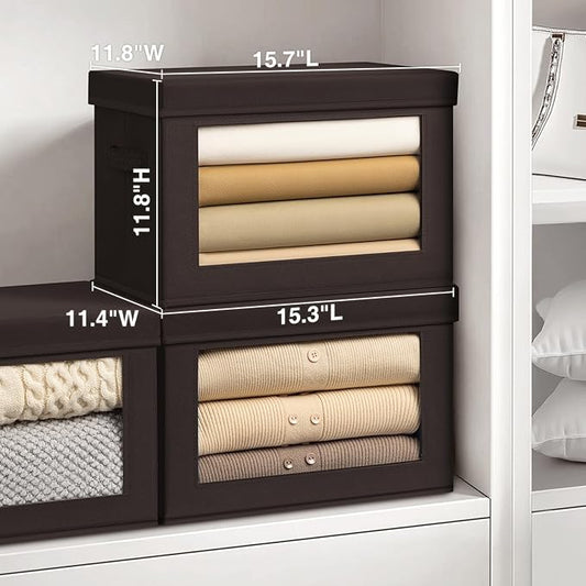 Stackable Storage Bins with Lids - Large Storage Box with Lids, Foldable Closet Boxes for Organizing, Wardrobe Clothes Organizer with Window, Cubes Bins for Living Room, 3 Pack, Brown