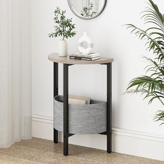 Vagusicc Small Round Side Table End Table, Tall Accent Table with Storage Basket, Set of 2 Half Round Tables Half Moon Tables, Coffee Bedside Tables, Modern Nightstand for Living Room Bedroom, Gray