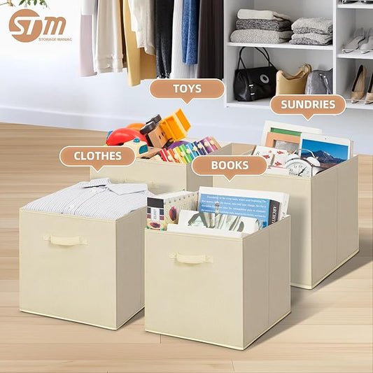 STORAGE MANIAC Storage Cubes, 13 Inch Collapsible Storage Bins with Handles, 10 Pack Fabric Foldable Bins for Organization, Durable Storage Bins for Closet, Shelves, Offices, Toys, 10-Pack Beige