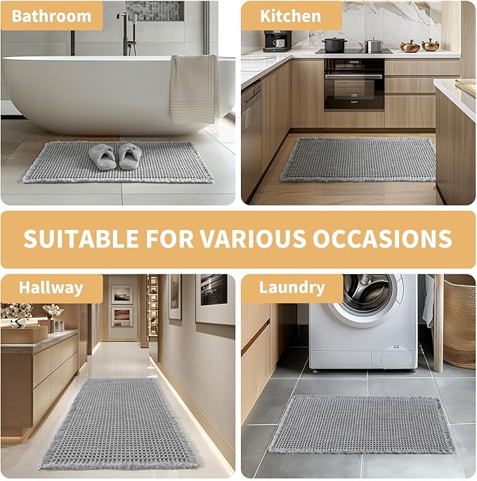 MIULEE Set of 2 Waffle Bathroom Rugs, Boho Bath Rugs Non Slip Washable, Super Absorbent Bath Mats, Ultra Soft Rubber Backed Shower Mats for Bathroom Floor, Tub and Shower, Light Grey, 17"x24"+18"x30"