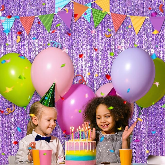 4 Pack Light Purple Fringe Curtain Backdrop 3.2Ft x 8.2Ft Metallic Tinsel Foil Fringe Streamers Background for Photo Booth, Easter, Mother's Day, Bachelorette, Wedding, Birthday Party Decoration