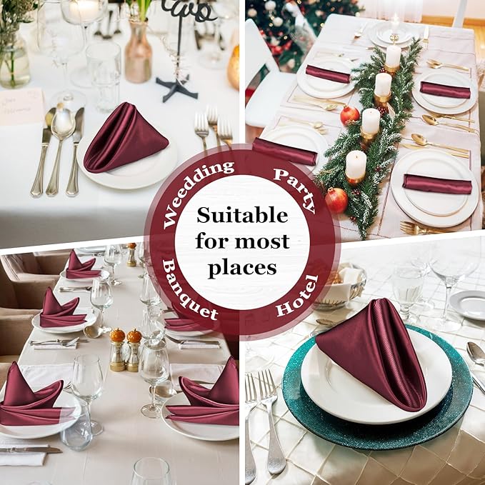 Bailarina 40 Pack Burgundy Satin Napkins,17x17 Inches Wedding Napkins Square Soft Silky Table Napkins Bulk Decorative Elegant Cloth Napkin for Party Decoration, Banquet,Wedding,Graduation