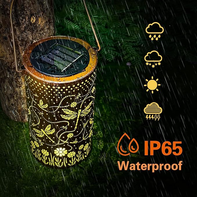 2 Pack Dragonfly Outdoor Solar Hanging Lanterns Waterproof LED Solar Lights Metal Decorative Lanterns for Garden, Patio, Courtyard, Backyard, Yard Decor Unique Dragonfly Gifts for Women Gardening