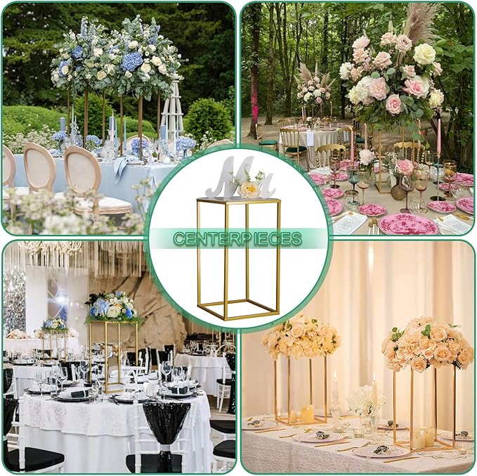YALLOVE 2 Pack 15.75 Inch Gold Wedding Flower Stand Metal Vase Column Stand Geometric Centerpiece Vase for Home Party Wedding Decorations, Rectangular Flower Display Rack