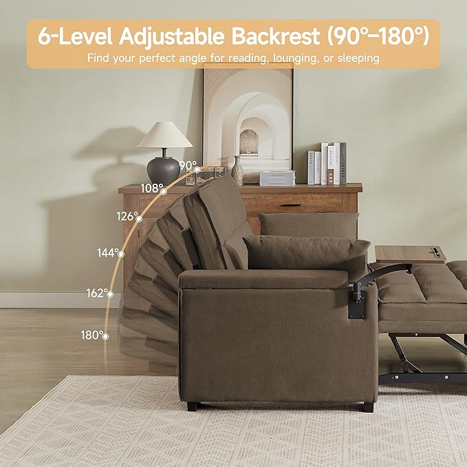 65'' 3-in-1 Folding Convertible Sofa Bed, Pullout Sofa, Modern Chenille Fabric, 360° Swivel Side Table, Easy Assembly, Perfect for Living Room(ZY-1107A-Brown)