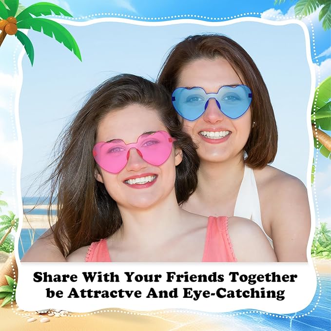 SUNOVELTIES 18 Heart Shape Rimless Sunglasses Transparent Candy Color Party Glasses Colored Eyewear for Women