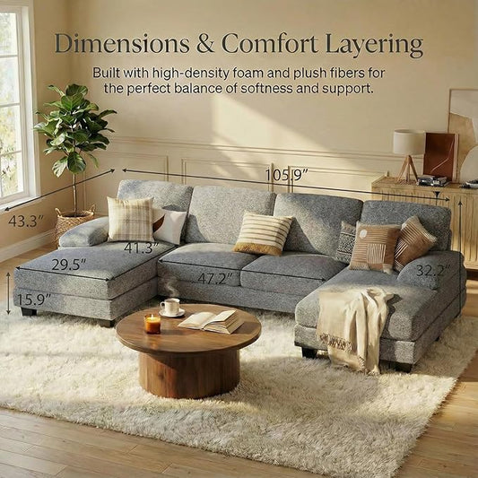 Homall Modular Sectional U Shaped Sofa Couches for Living Room, Comfy Loop Yarn 4 Seat Sofa Set with Removable Pillows, Lounge Chaise Upholstered Couch for Apartment (Loop Yarn, Pearl Gray)