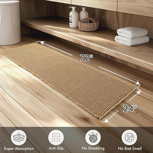 MIULEE Set of 2 Waffle Bathroom Runner Rugs, Boho Bath Rugs Non Slip Washable, Super Absorbent Runner Bath Mats, Rubber Backed Shower Mats for Hallway Bedroom Laundry Room, Brown, 2'x6'(24x72 Inch)