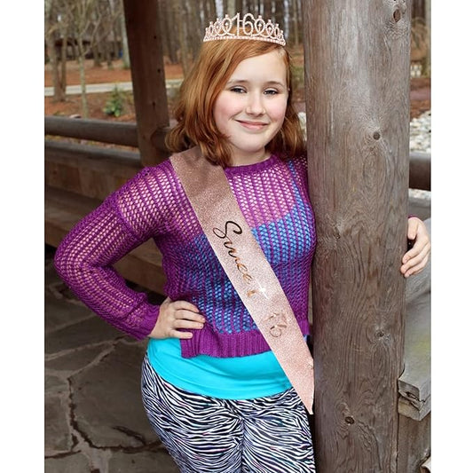 CIEHER 16th Birthday Crown & Sweet 16 Sash & Pearl Pin Set, Birthday Tiara and Crown for Girls, Birthday Girl Sash, Sweet 16 Birthday Decorations for Girls, Sweet Sixteen Gifts