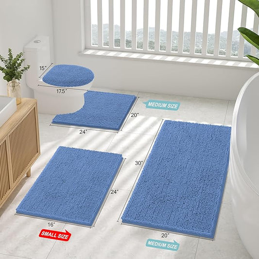 Smiry Luxury Chenille Bathroom Rugs 24x16, Extra Soft and Absorbent Shaggy Bath Mat, Machine Washable, Non-Slip Plush Carpet Runner for Tub, Shower, and Floor, Home Decor Accessories, Cornflower Blue