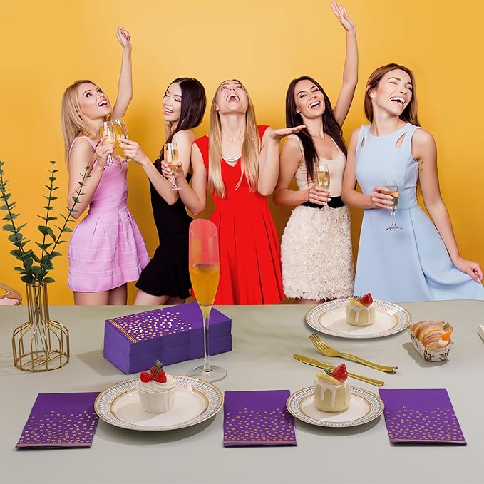 100 Pcs Purple Paper Napkins Disposable - Purple Gold Dot Dinner Party Napkins for Bathroom Wedding Anniversary Birthday Party Supplies