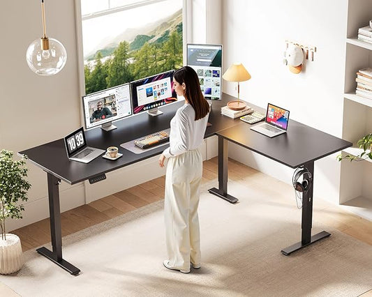 Casaottima 71 Inch Reversible Electric L Shaped Standing Desk, Height Adjustable Corner Stand up Desk, Ergonomic Large Lift Table for Home, Office, Workstation, Reception Room, Black