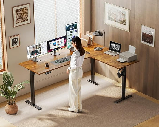 OffiGo 63 Inch Reversible L Shaped Electric Standing Desk, Height Adjustable Corner Stand up Desk, Ergonomic Large Lift Computer Table for Home, Office, Workstation, Rustic Brown