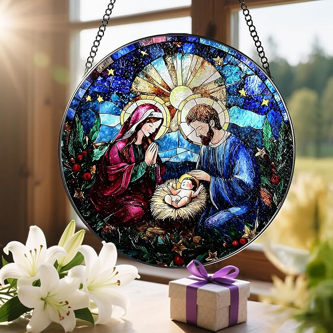 8-Inch Nativity Scene Stained Glass Suncatcher Ornament, Stained Glass Window Hanging & Nativity Religious Ornament, Christian Home Decor ā Gifts for Christmas, Christian Gift, Religious Gift