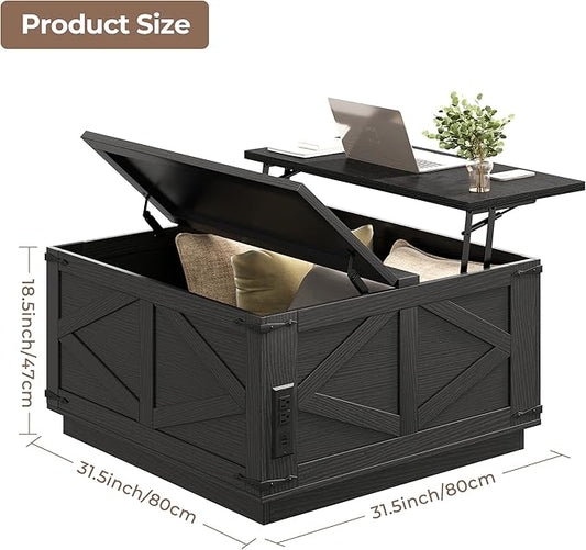 Farmhouse Lift Top Coffee Table, Square Wood Center Table with LED Lighting, USB-C Charging Station, and Hidden Storage Compartment - Rustic Black Living Room Furniture
