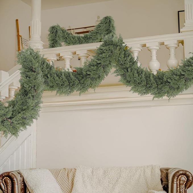 Jutom 2 Pcs 9 ft Thick Christmas Cedar Garland Artificial Realistic Soft and Flexible Full Faux Green Cedar Pine Garland for Home Indoor Xmas Holiday Mantle Fireplace Party Decoration