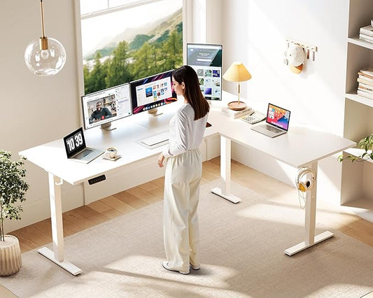 Casaottima 71 Inch Reversible Electric L Shaped Standing Desk, Height Adjustable Corner Stand up Desk, Ergonomic Large Lift Table for Home, Office, Workstation, Reception Room, White